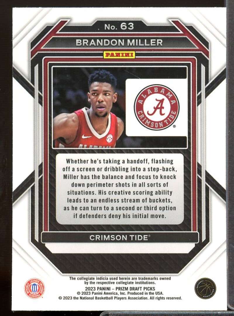 Brandon Miller Rookie Card 2023-24 Panini Prizm Draft Picks #63  Image 2