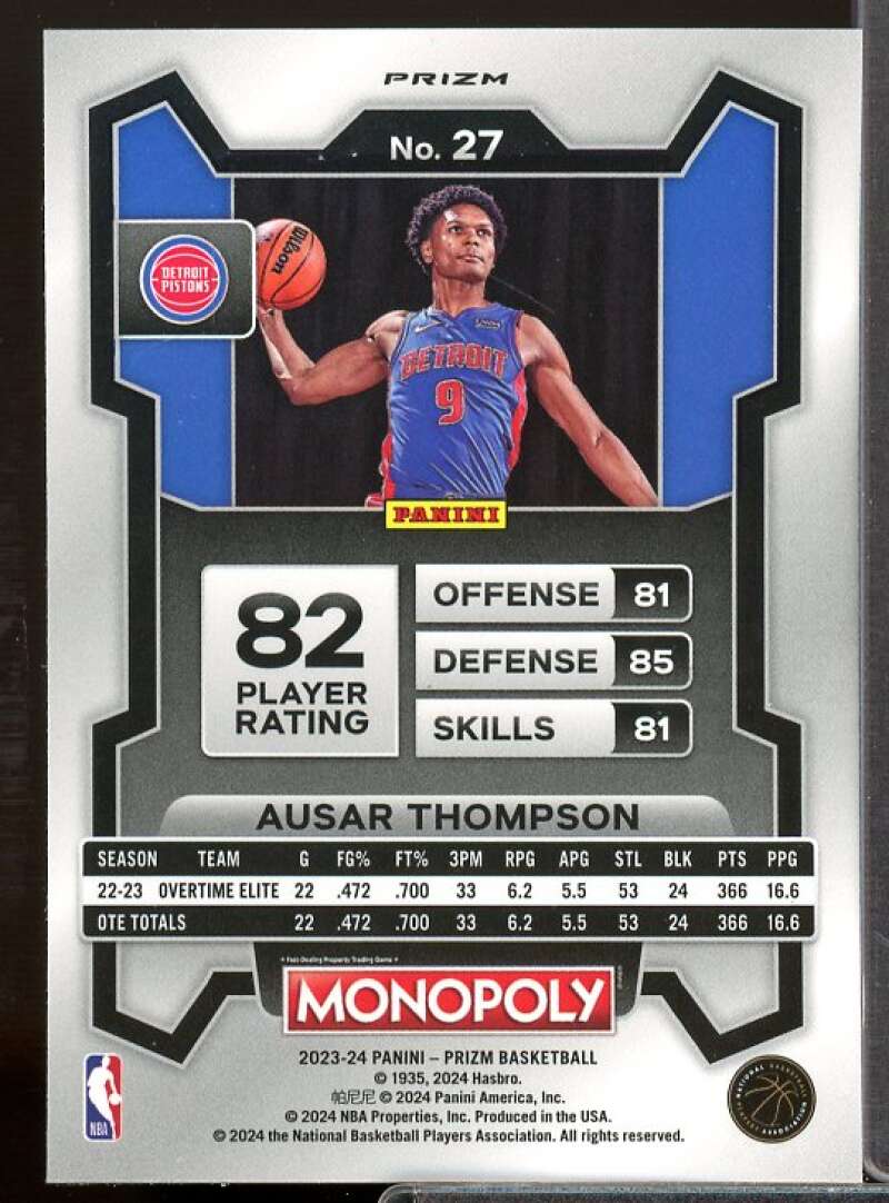 Ausar Thompson Rookie Card 2023-24 Panini Prizm Monopoly Purple #27  Image 2