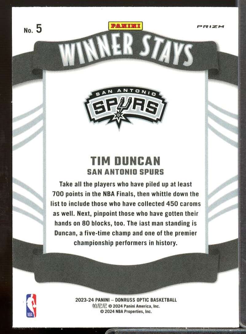 Tim Duncan Card 2023-24 Donruss Optic Winner Stays Purple Holo #5  Image 2
