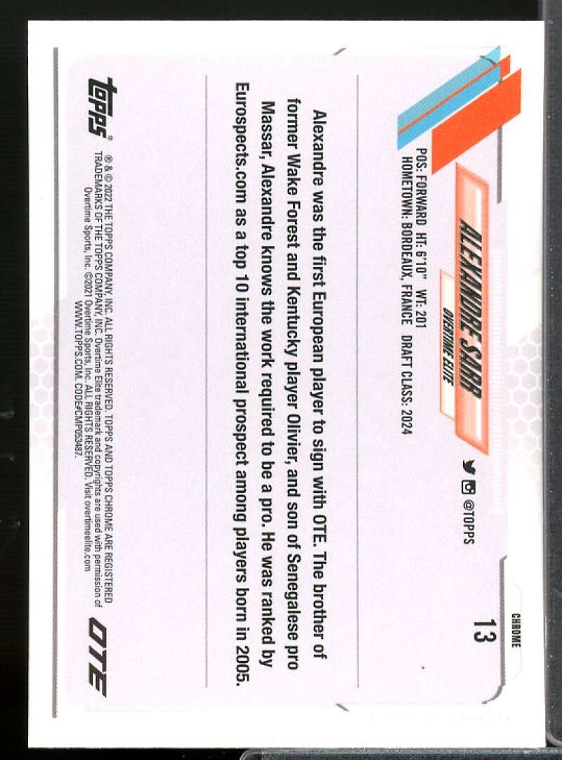 Alexandre Sarr Rookie Card 2021-22 Topps Chrome Overtime Elite #13  Image 2
