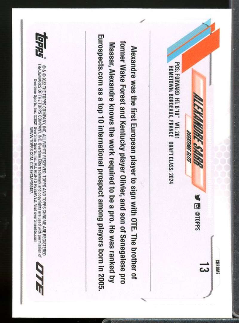 Alexandre Sarr Rookie 2021-22 Topps Chrome Overtime Elite RayWave Refractors #13  Image 2