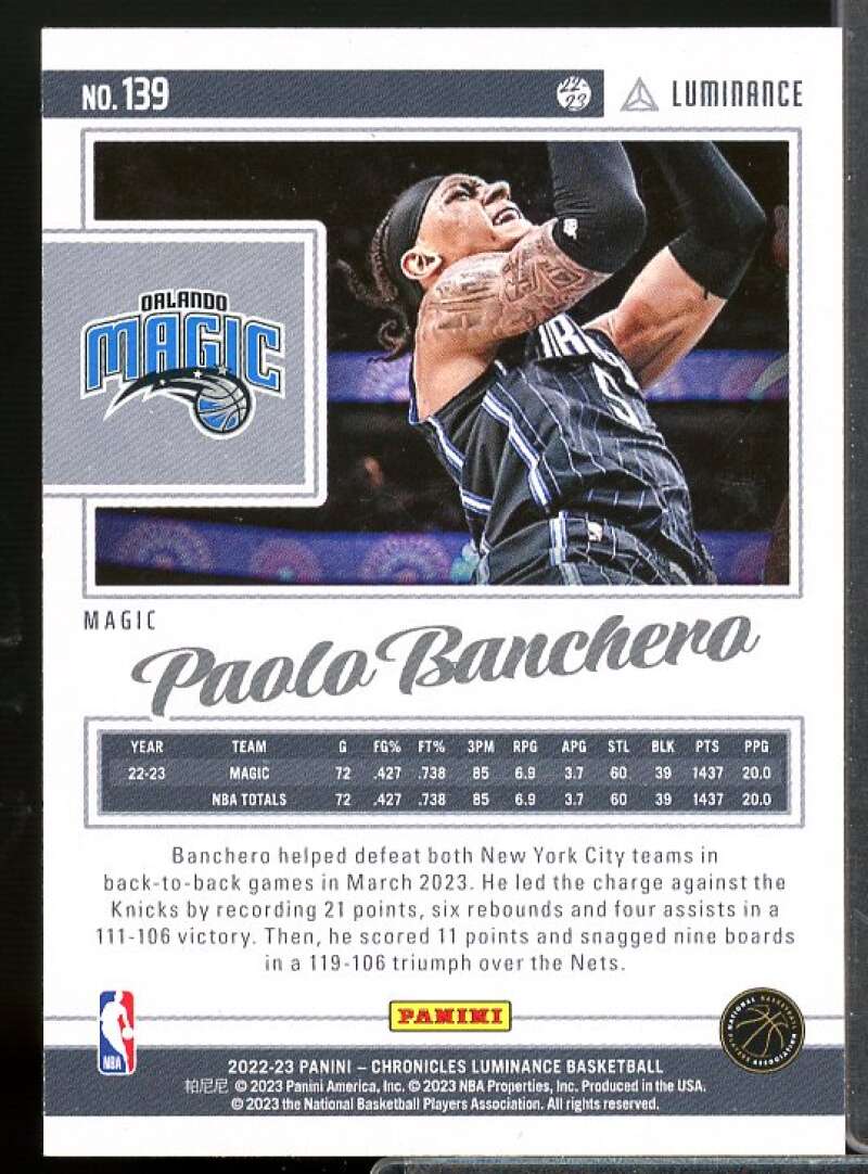 Paolo Banchero /Luminance Rookie Card 2022-23 Panini Chronicles #139  Image 2
