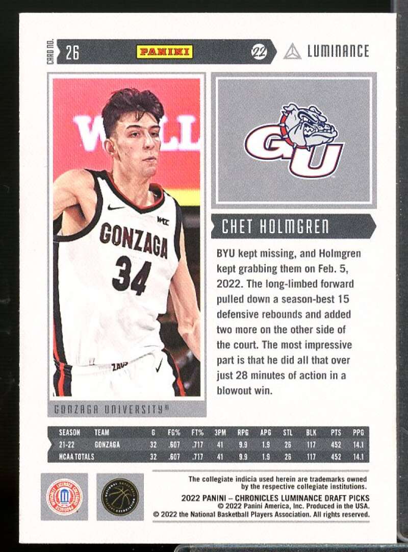 Chet Holmgren Rookie 2022-23 Panini Chronicles Draft Picks Luminance Pink #26  Image 2
