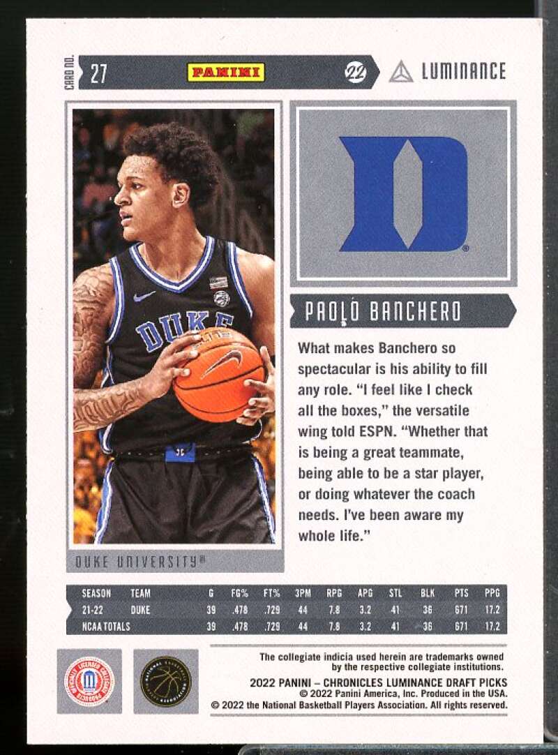 Paolo Banchero Rookie Card 2022-23 Panini Chronicles Draft Picks Luminance #27  Image 2