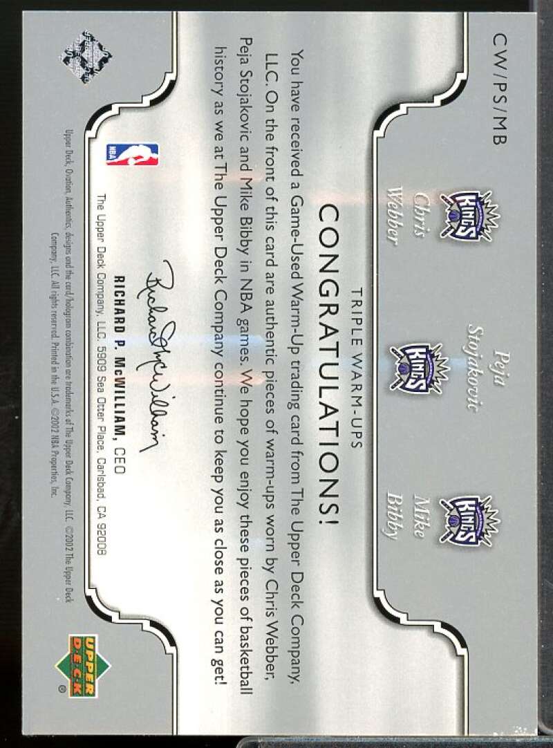 Webber/Stojakovic/ Bibby Card 2002-03 Ovation Authentics Warm-Ups Triple #WSB  Image 2