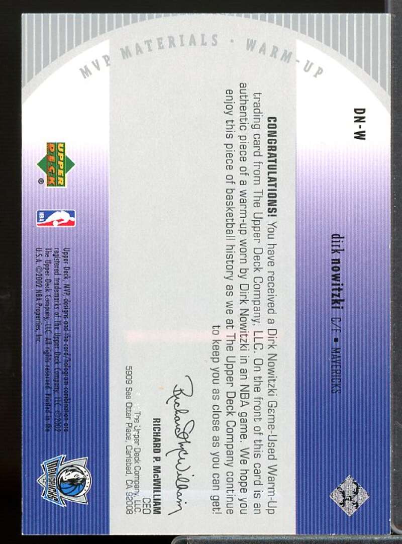 Dirk Nowitzki Card 2002-03 Upper Deck MVP Materials Warm Up #DNW  Image 2