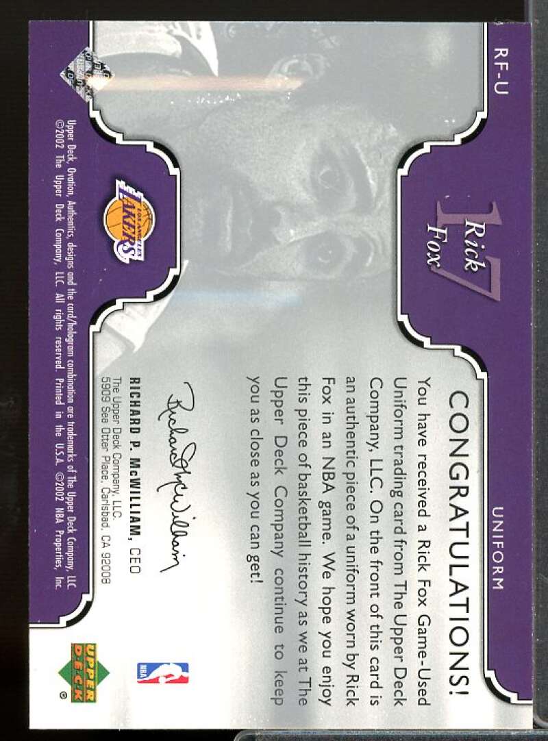 Rick Fox Card 2002-03 Upper Deck Ovation Authentics Uniform #RFU  Image 2