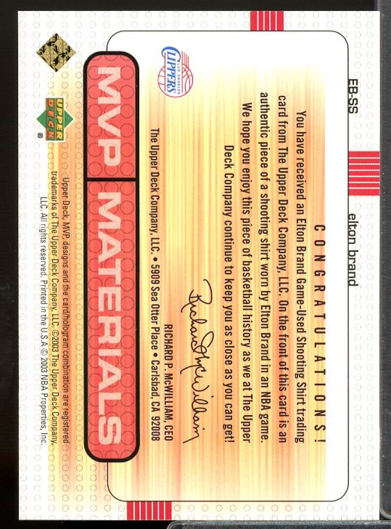 Elton Brand Card 2003-04 Upper Deck MVP Materials Shirts #EBSS  Image 2