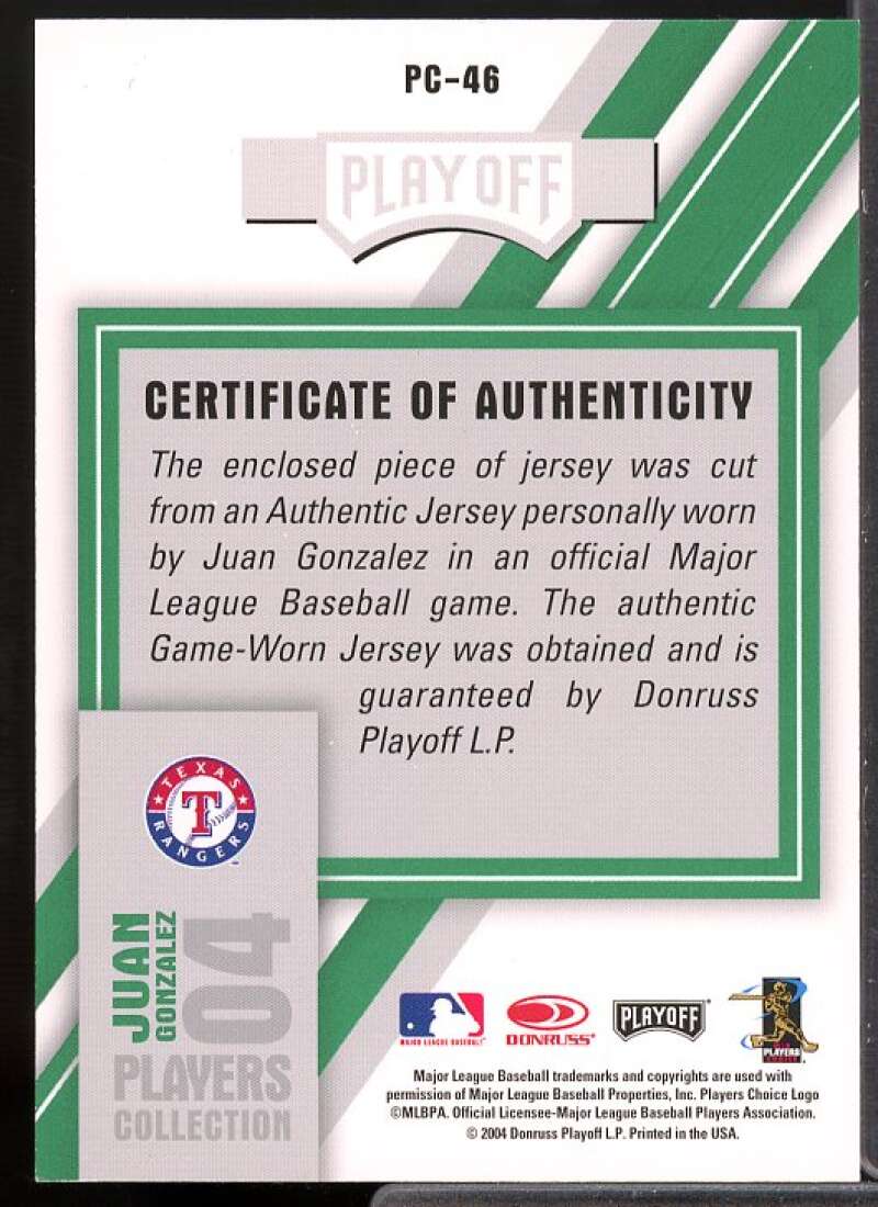 Juan Gonzalez Rgr Card 2004 Leaf Players Collection Jersey Green #46  Image 2