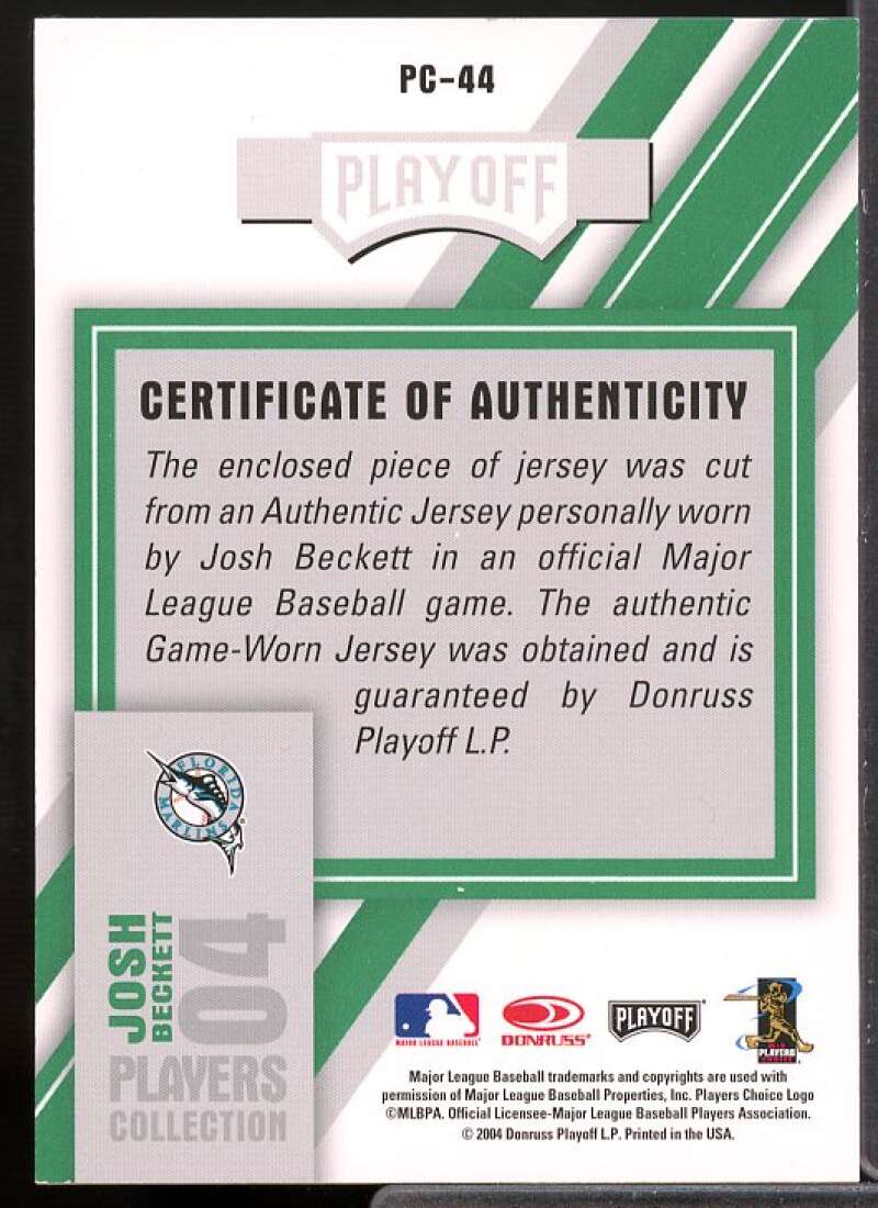 Josh Beckett Card 2004 Leaf Players Collection Jersey Green #44  Image 2
