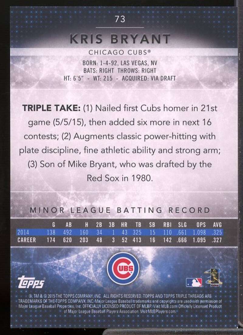 Kris Bryant Rookie Card 2015 Topps Triple Threads Emerald #73  Image 2