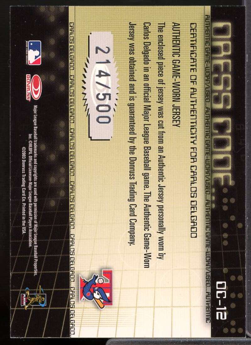 Carlos Delgado Jsy Card 2003 Donruss Classics Dress Code #12  Image 2