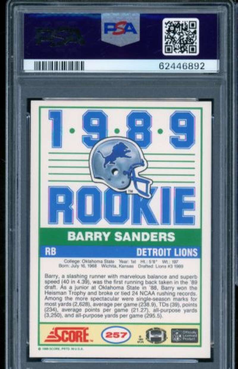 Barry Sanders Rookie Card 1989 Score #257 PSA 9 Image 2