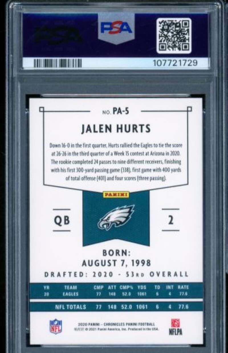 Jalen Hurts Rookie Card 2020 Panini Chronicles Pink #PA5 PSA 8 Image 2