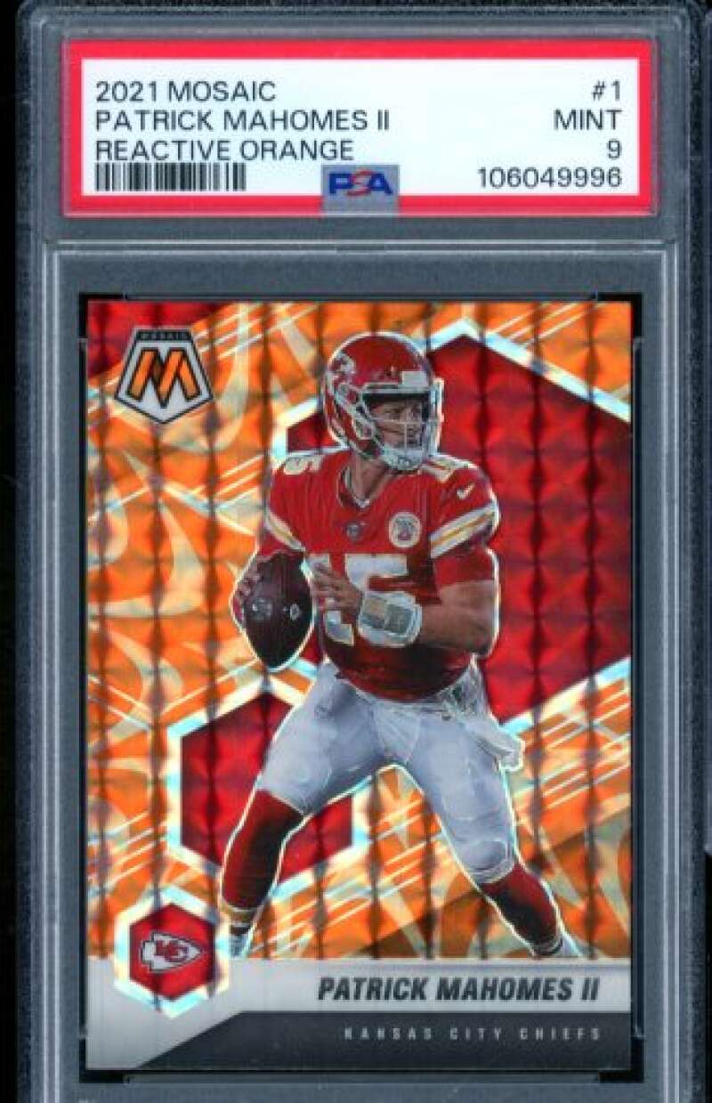Patrick Mahomes II Card 2021 Mosaic Reactive Orange #1 PSA 9 Image 1