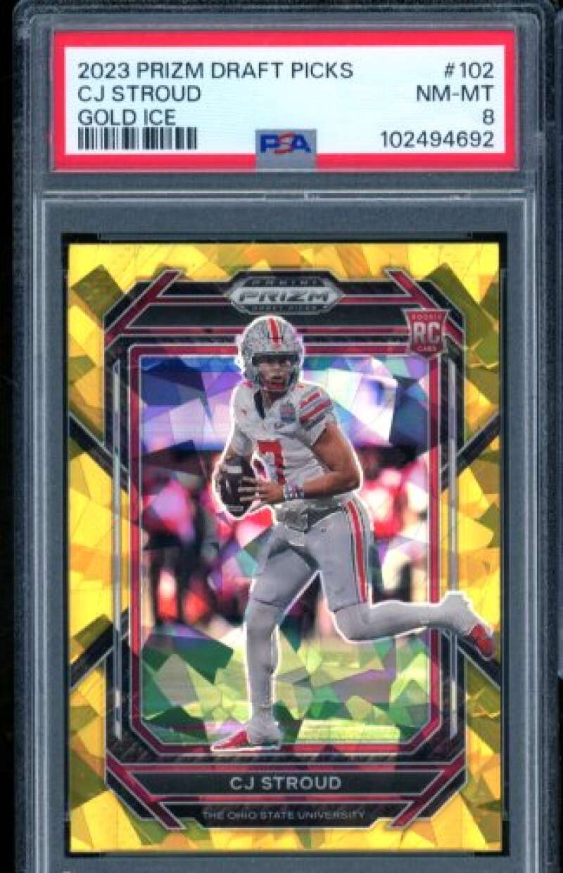 C.J. Stroud Rookie Card 2023 Prizm Draft Picks Gold Ice #102 PSA 8 Image 1