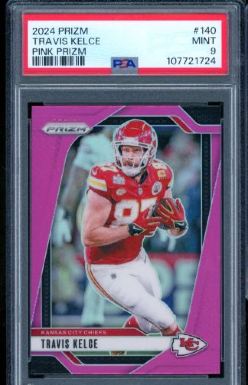 Travis Kelce Card 2024 Prizm Pink Prizm (pop 2) #140 PSA 9 Image 1