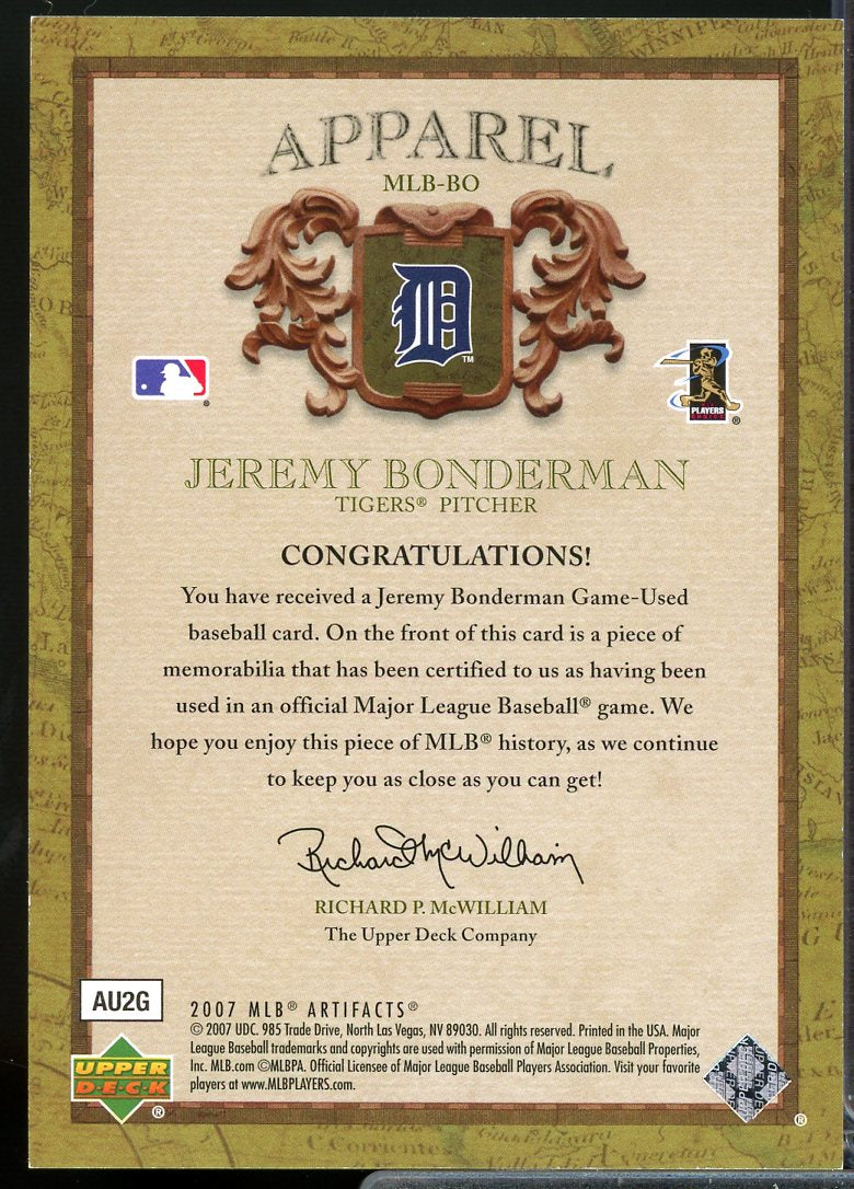 Jeremy Bonderman Card 2007 Artifacts MLB Apparel Limited #BO  Image 2