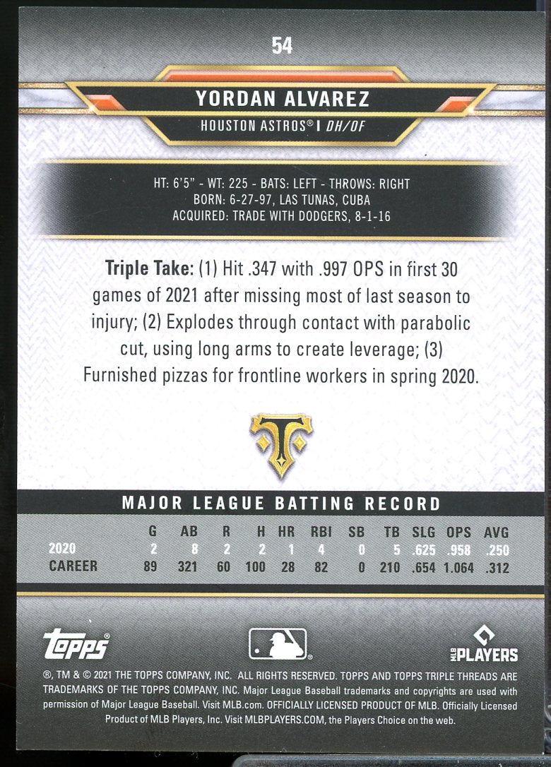 Yordan Alvarez Card 2021 Topps Triple Threads Emerald #54  Image 2