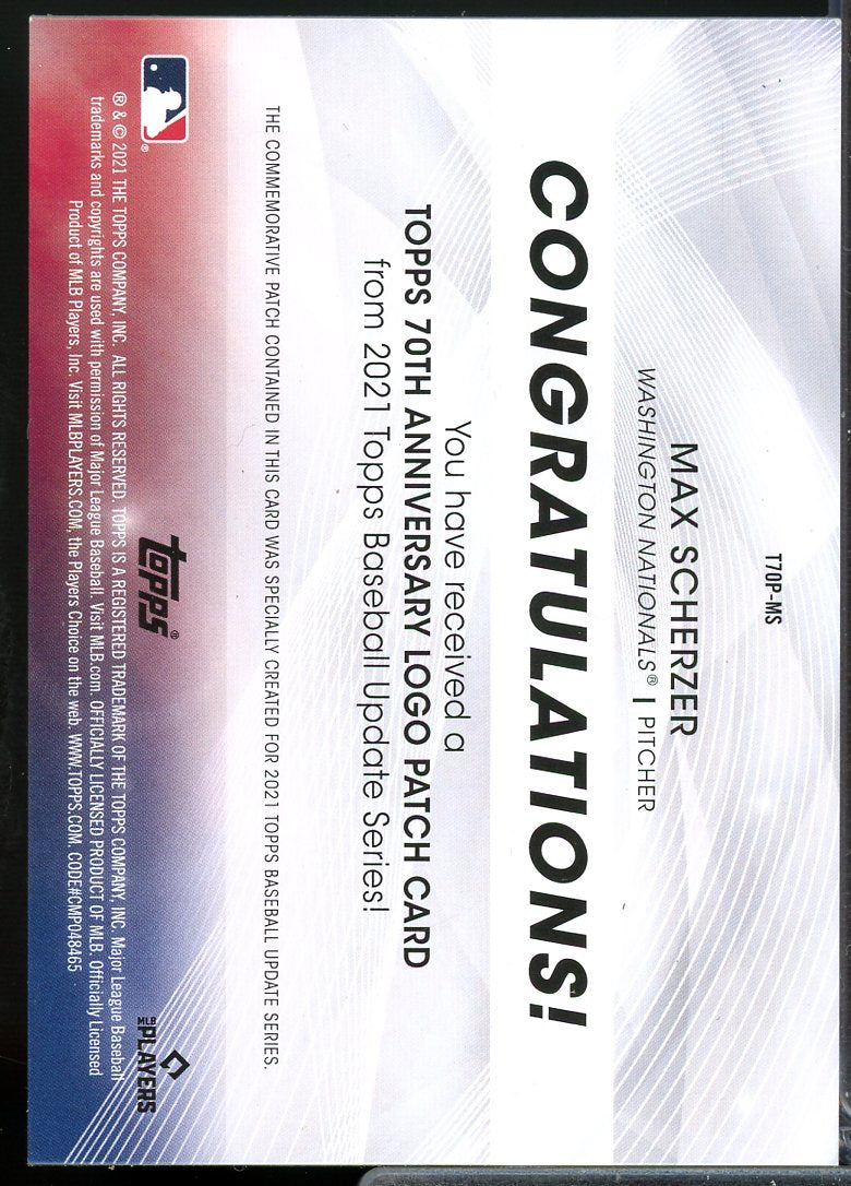 Max Scherzer Card 2021 Topps Update 70th Anniversary Logo Patches Blue #T70PMS  Image 2