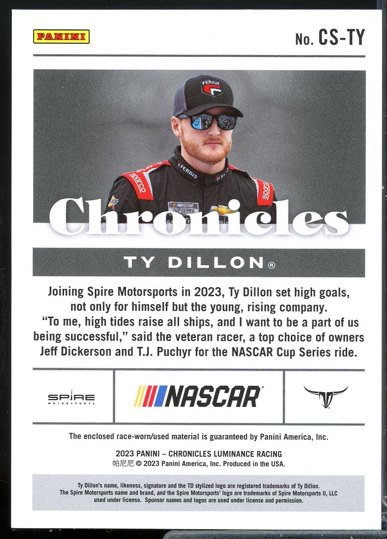 Ty Dillon Card 2023 Panini Chronicles Swatches #6  Image 2