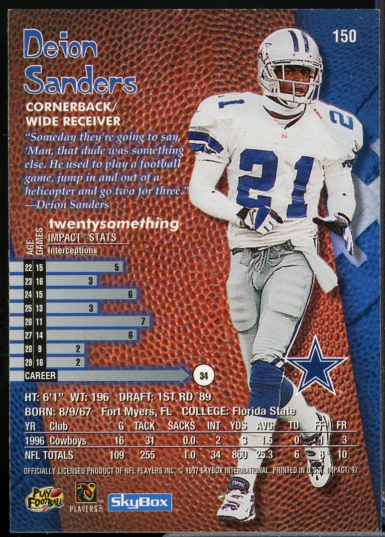 Deion Sanders Card 1997 SkyBox Impact #150  Image 2