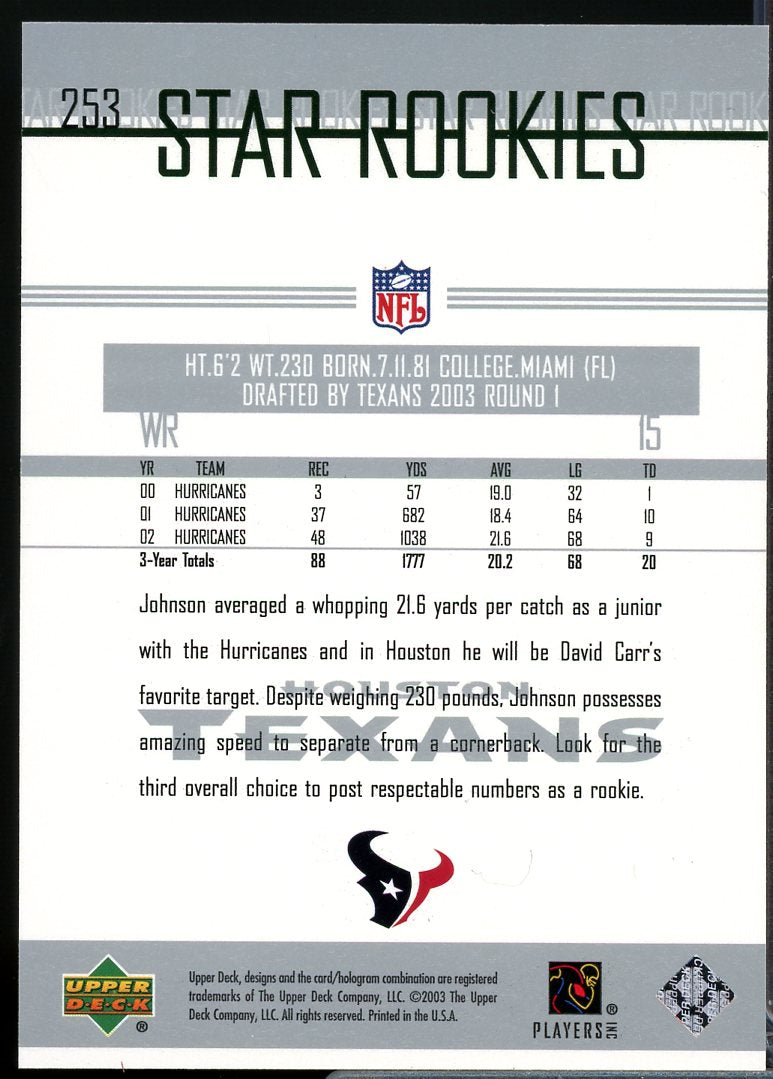 Andre Johnson Rookie Card 2003 Upper Deck #253  Image 2