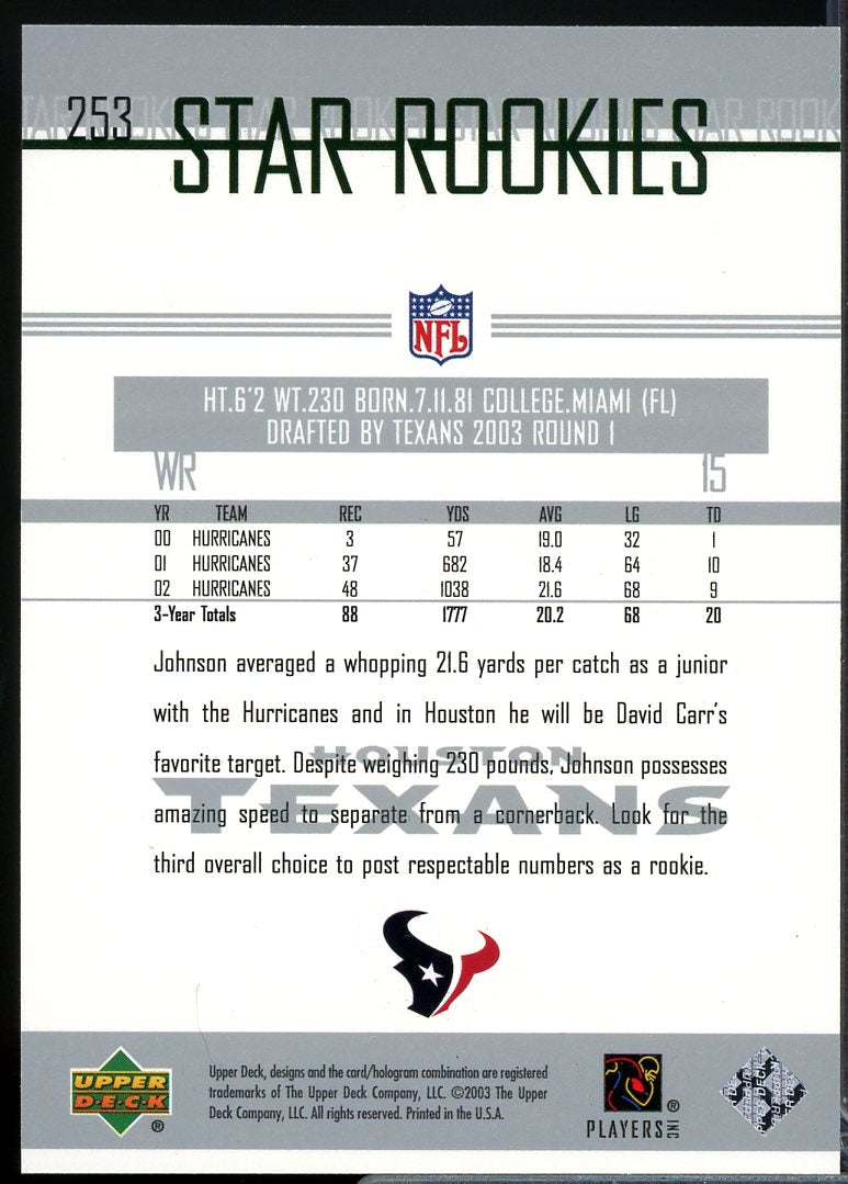 Andre Johnson Rookie Card 2003 Upper Deck #253  Image 2
