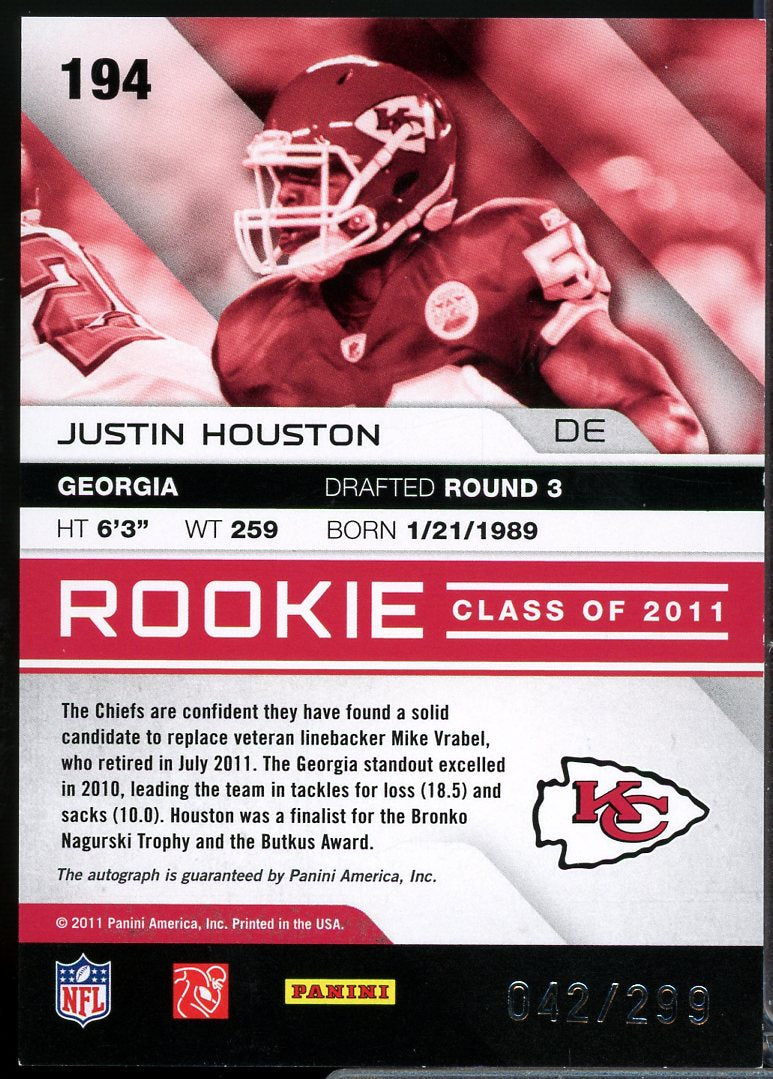 Justin Houston Rookie Card 2011 Absolute Memorabilia Spectrum Gold AU #194  Image 2