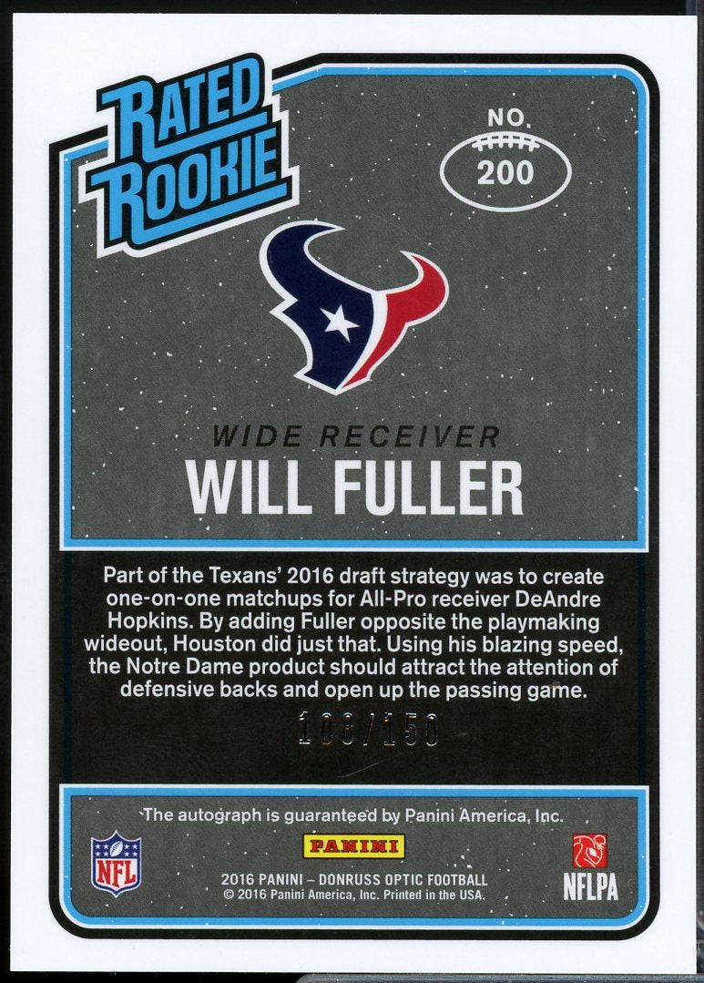 Will Fuller V Rookie Card 2016 Donruss Optic Rated Rookies Autographs #200  Image 2
