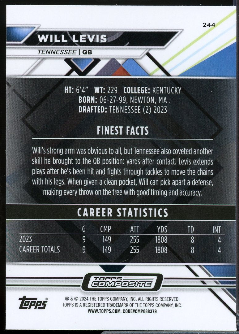 Will Levis FINEST Rookie Card 2023 Topps Composite #244  Image 2