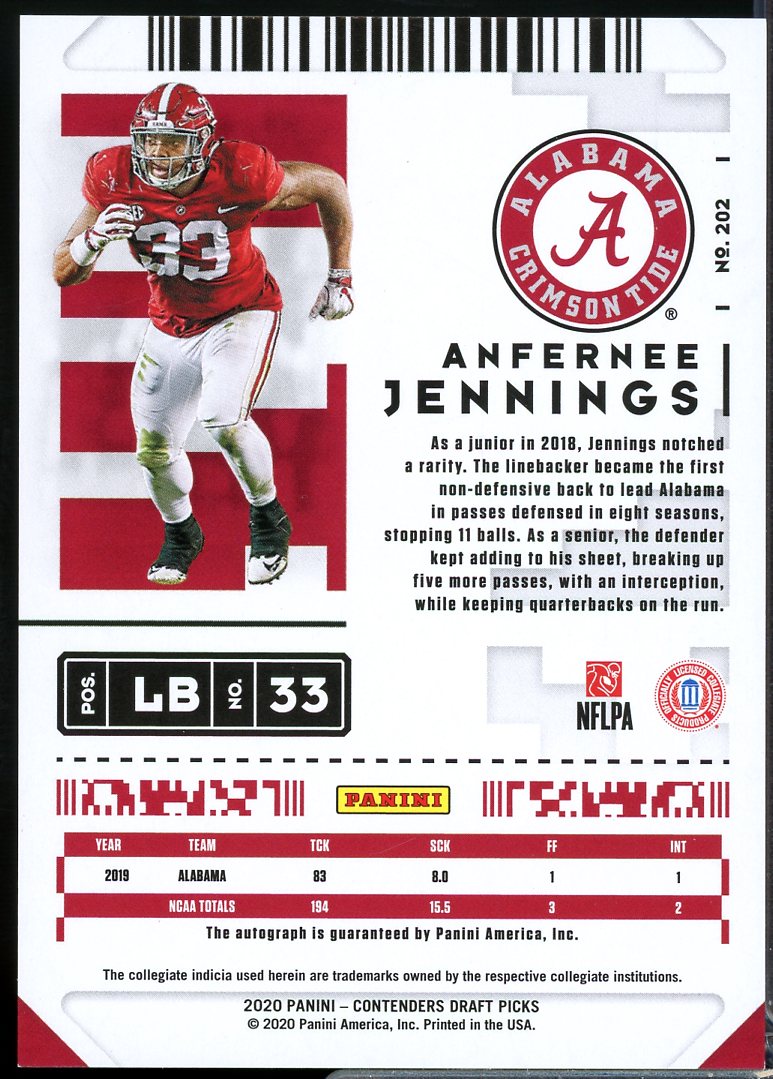 Anfernee Jennings AU Rookie Card 2020 Panini Contenders Draft Picks #202  Image 2