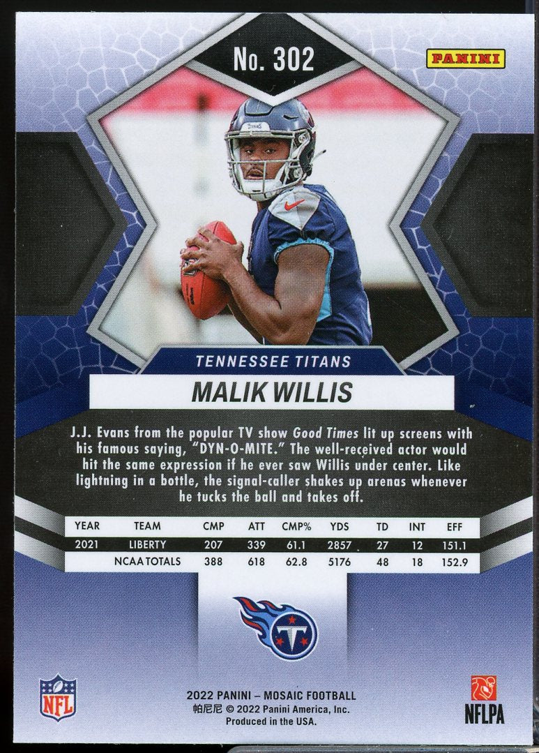 Malik Willis Rookie Card 2022 Panini Mosaic #302  Image 2