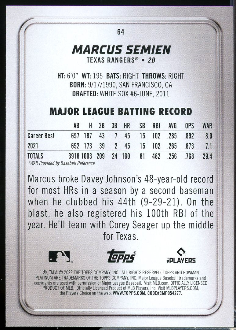 Marcus Semien Card 2022 Bowman Platinum Ice #64  Image 2