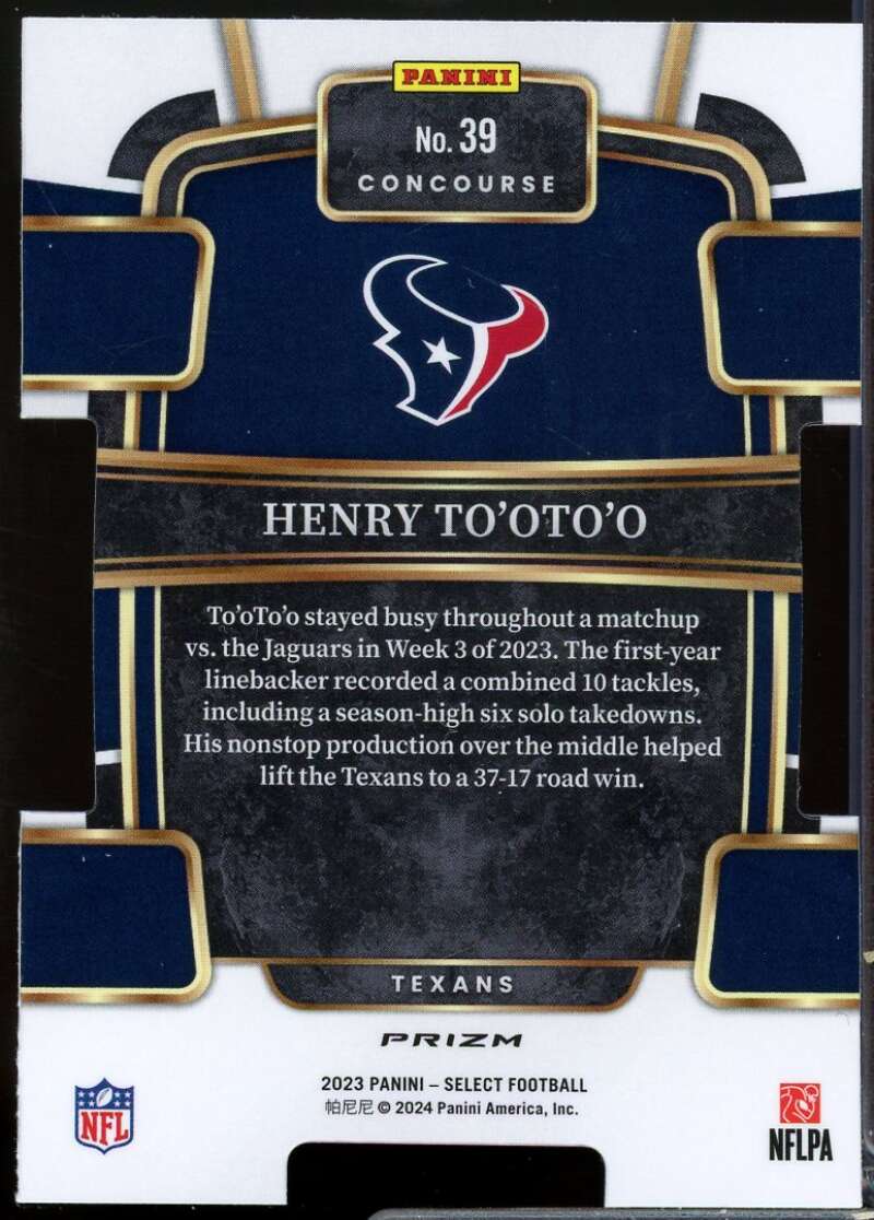 Henry To'oTo'o Card 2023 Select Prizm Zebra Die Cut #39  Image 2