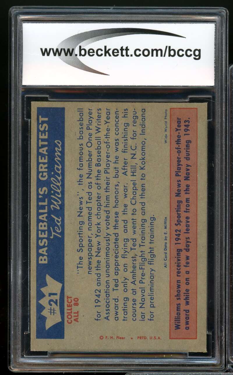 1959 Fleer #21 Ted Williams Card BGS BCCG 9 Near Mint+ Image 2