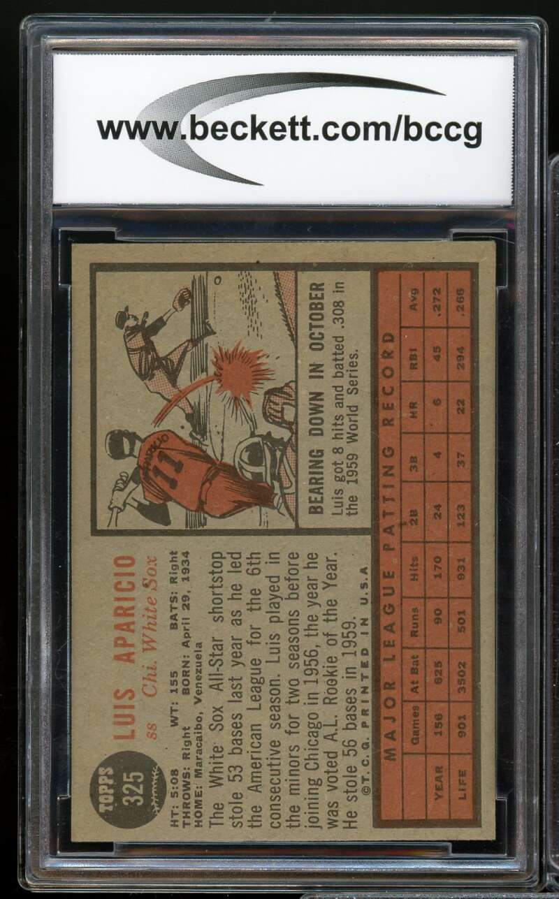 1962 Topps #325 Luis Aparicio Card BGS BCCG 8 Excellent+ Image 2