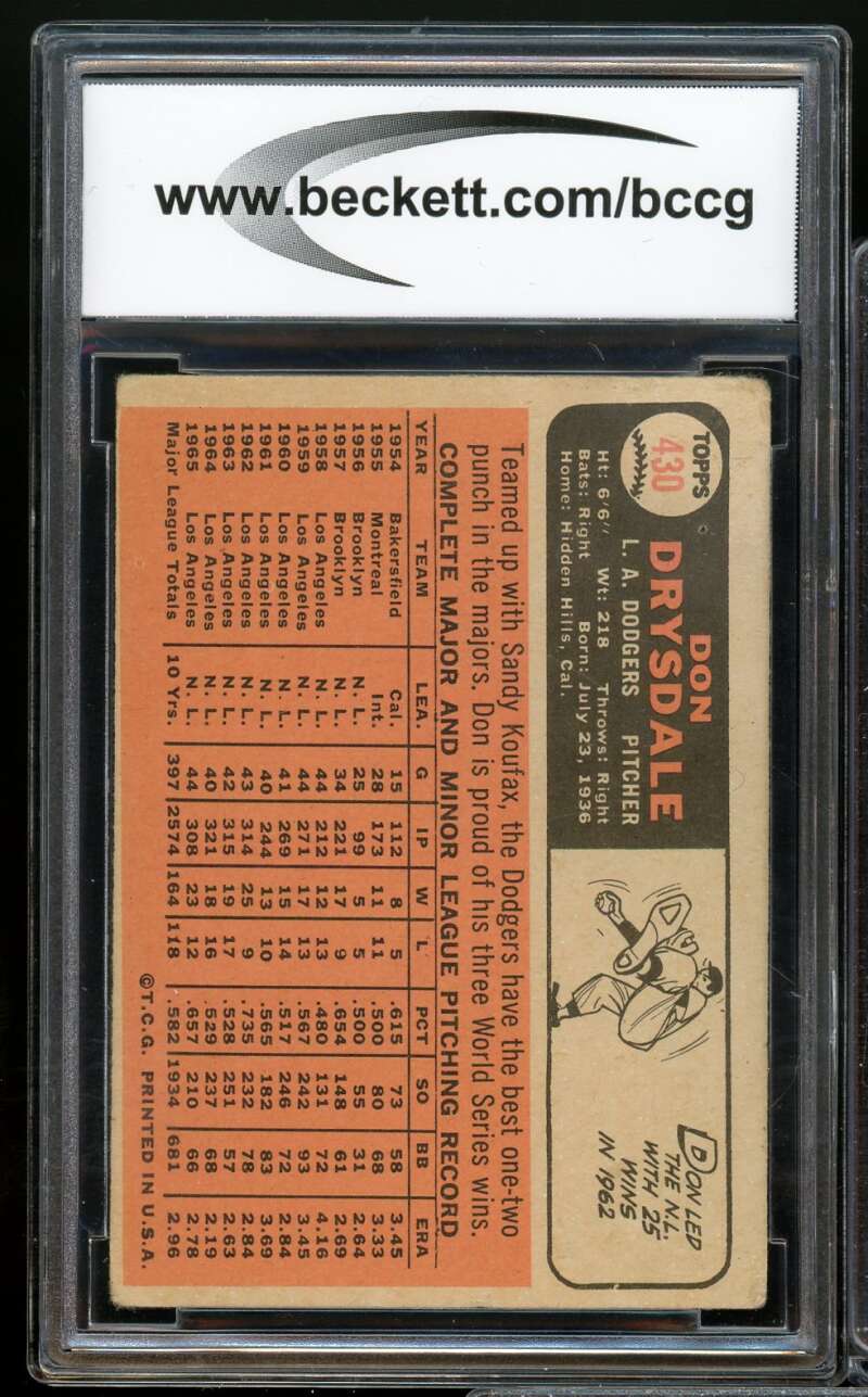 1966 Topps #430 Don Drysdale Card BGS BCCG 7 Very Good+ Image 2