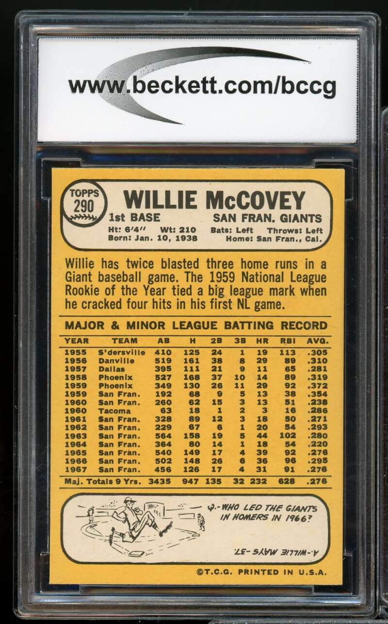 1968 Topps #290 Willie McCovey Card BGS BCCG 9 Near Mint+ Image 2