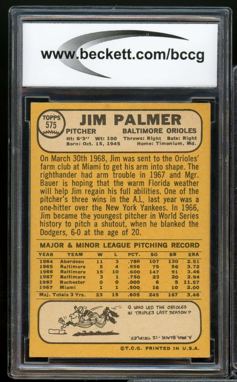 1968 Topps #575 Jim Palmer Card BGS BCCG 8 Excellent+ Image 2