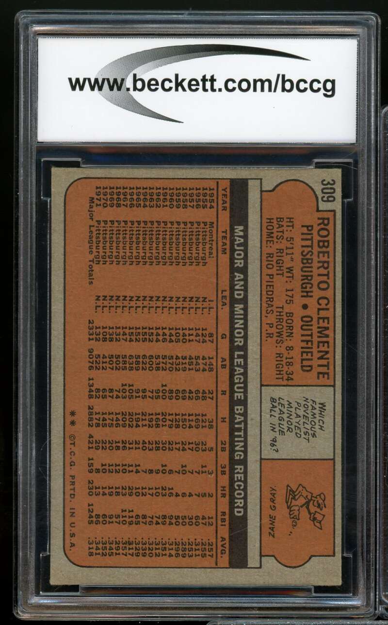 1972 Topps #309 Roberto Clemente Card BGS BCCG 8 Excellent+ Image 2