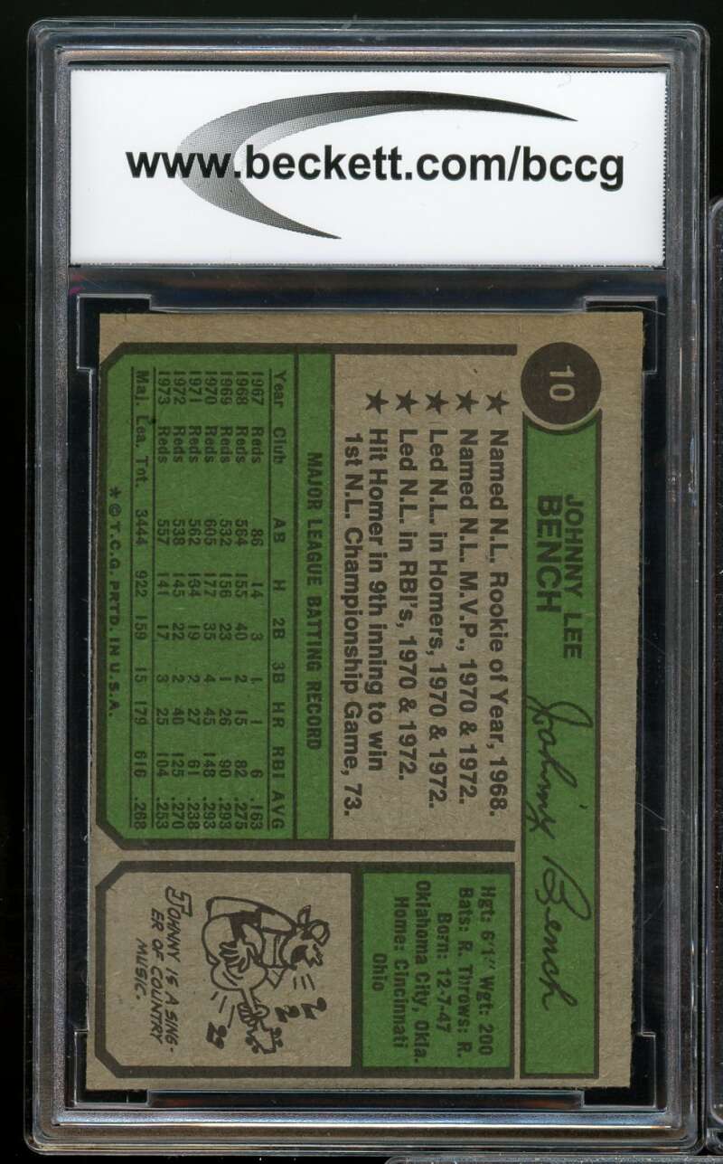 1974 Topps #10 Johnny Bench Card BGS BCCG 8 Excellent+ Image 2