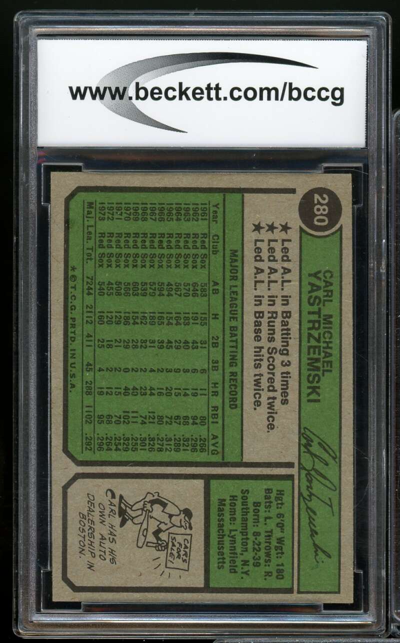 1974 Topps #280 Carl Yastrzemski Card BGS BCCG 9 Near Mint+ Image 2