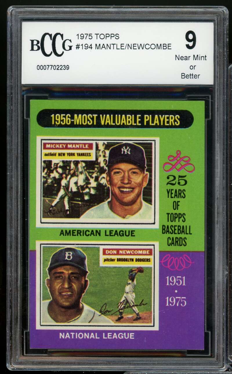 1975 Topps #194 Mantle/Newcombe Card BGS BCCG 9 Near Mint+ Image 1