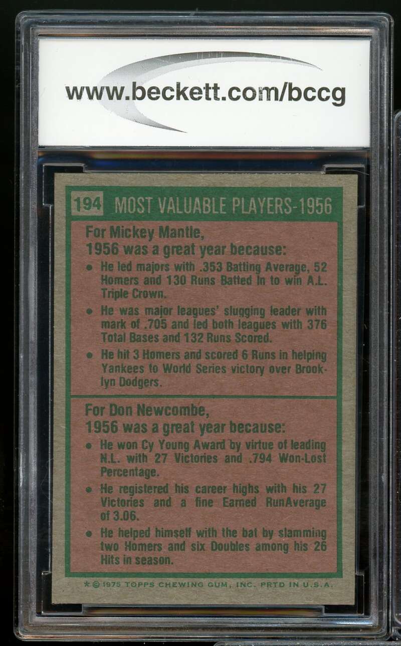 1975 Topps #194 Mantle/Newcombe Card BGS BCCG 9 Near Mint+ Image 2