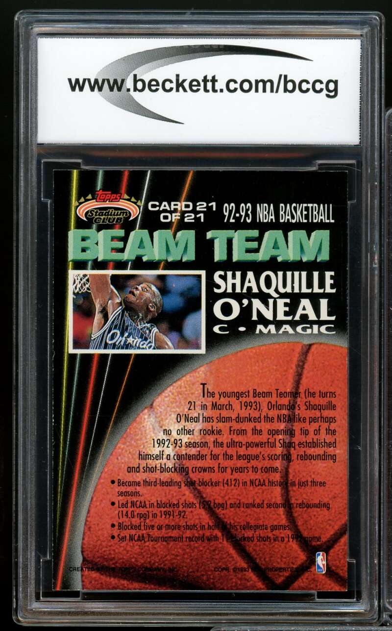 1992-93 Stadium Club Beam Team MO #BT21 Shaquille O'Neal Rookie BGS BCCG 10 Mint Image 2