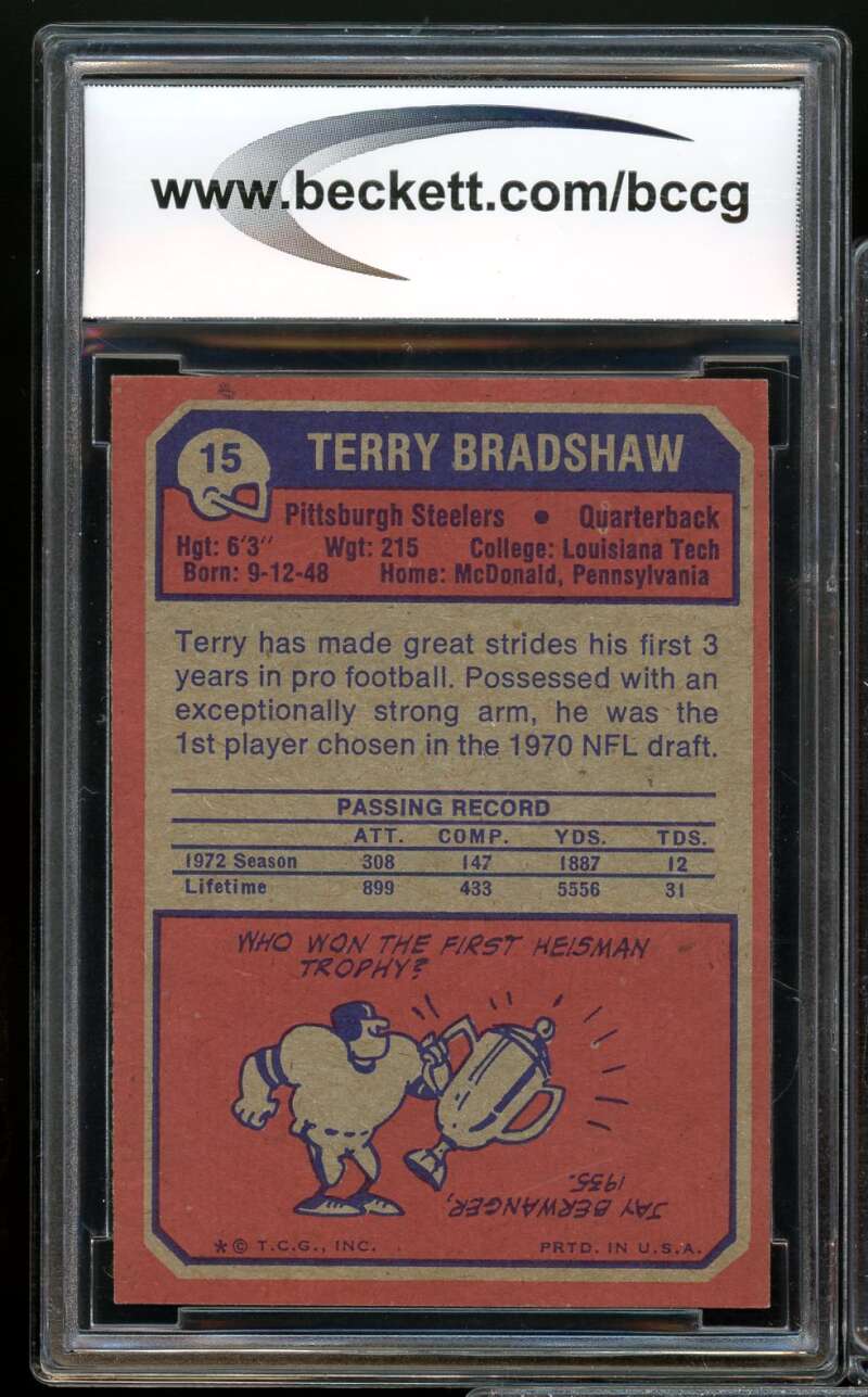 1973 Topps #15 Terry Bradshaw Card BGS BCCG 9 Near Mint+ Image 2