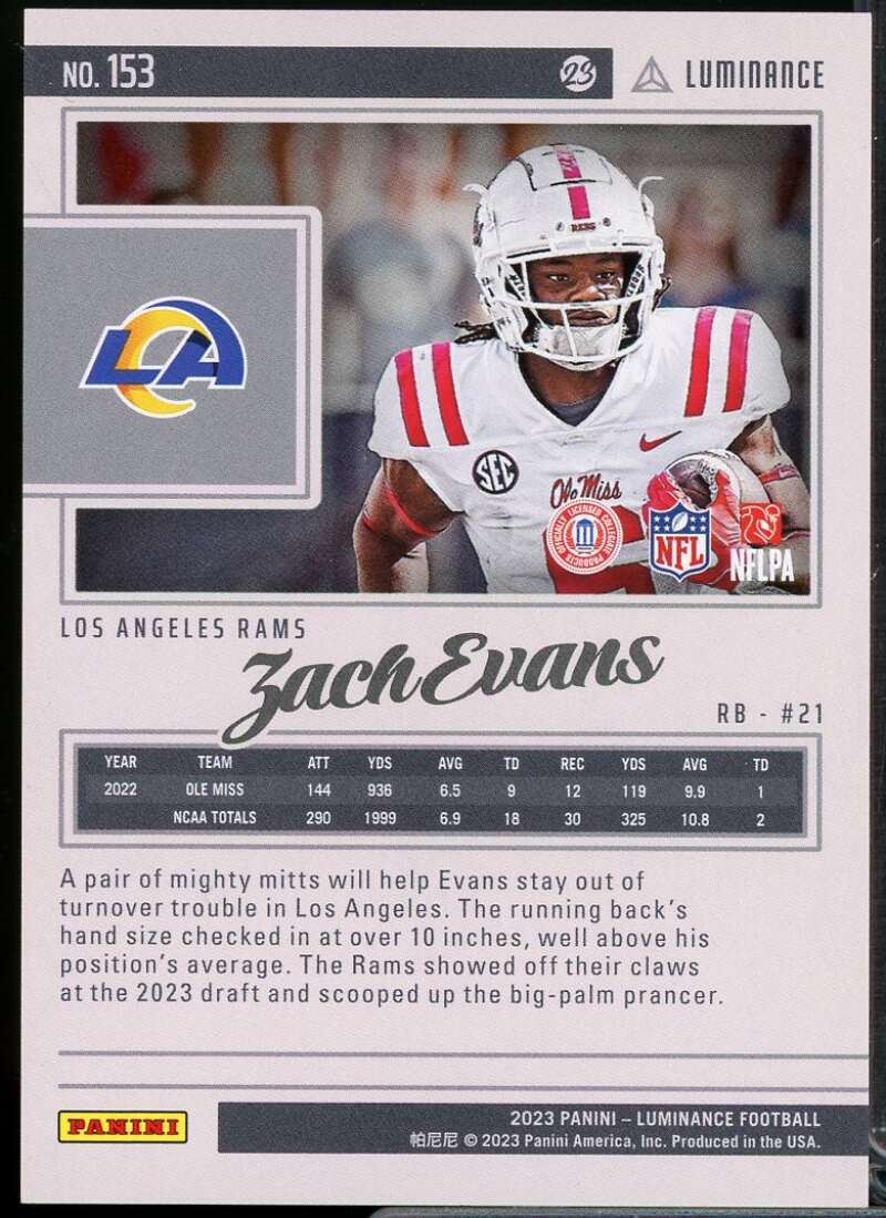 Zach Evans Rookie Card 2023 Panini Luminance Orange #153  Image 2