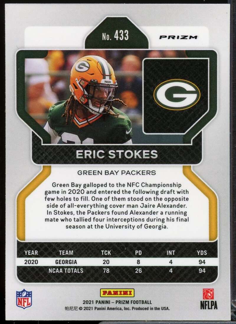 Eric Stokes Rookie Card 2021 Panini Prizm Prizms Lazer #433  Image 2