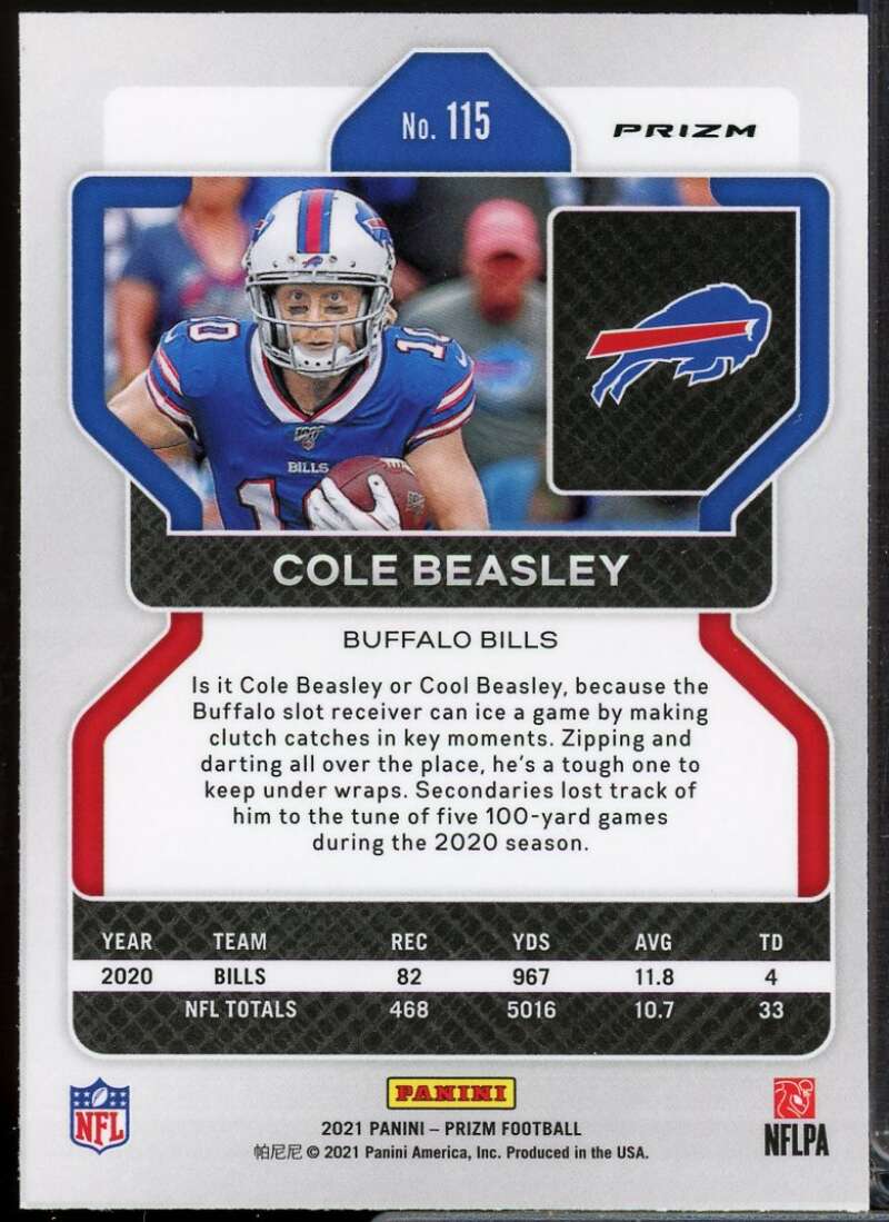 Cole Beasley Card 2021 Panini Prizm Prizms Lazer #115  Image 2